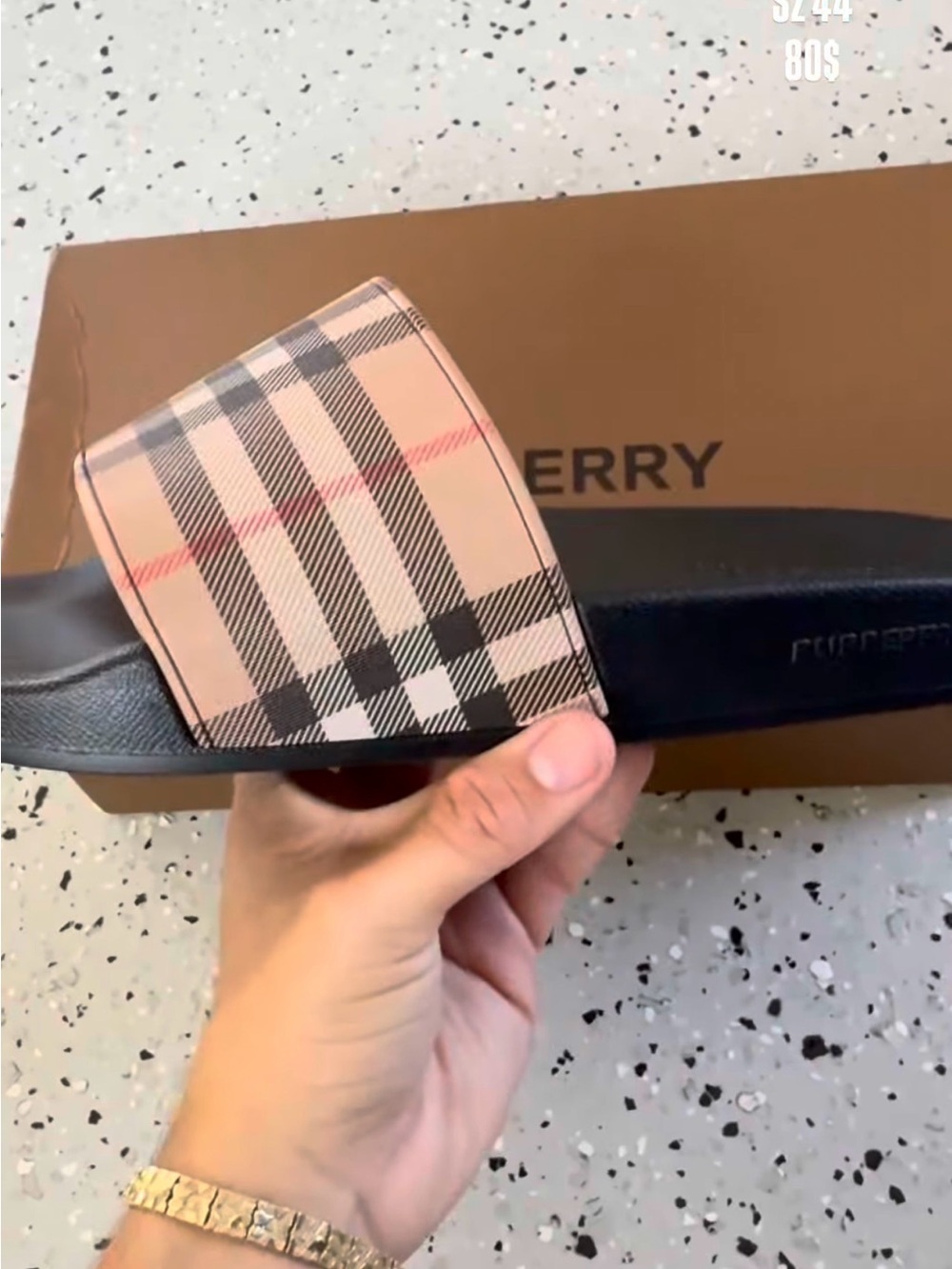 Burberry Black Slide Sandals with Beige Pink Vintage Check Strap
